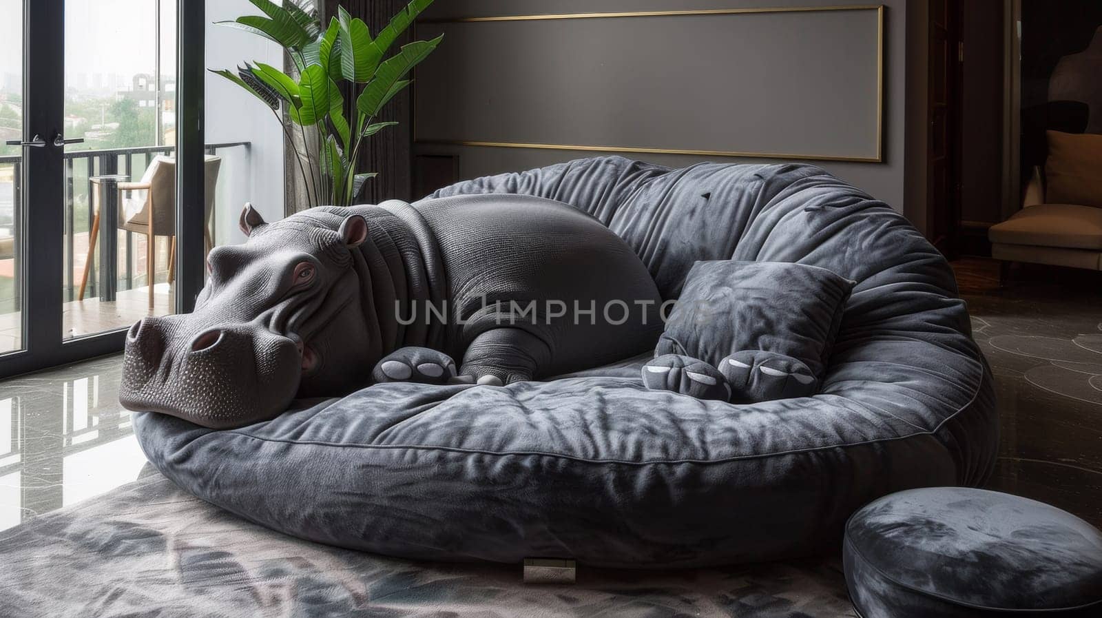 A hippo shaped bean bag chair sitting in front of a window