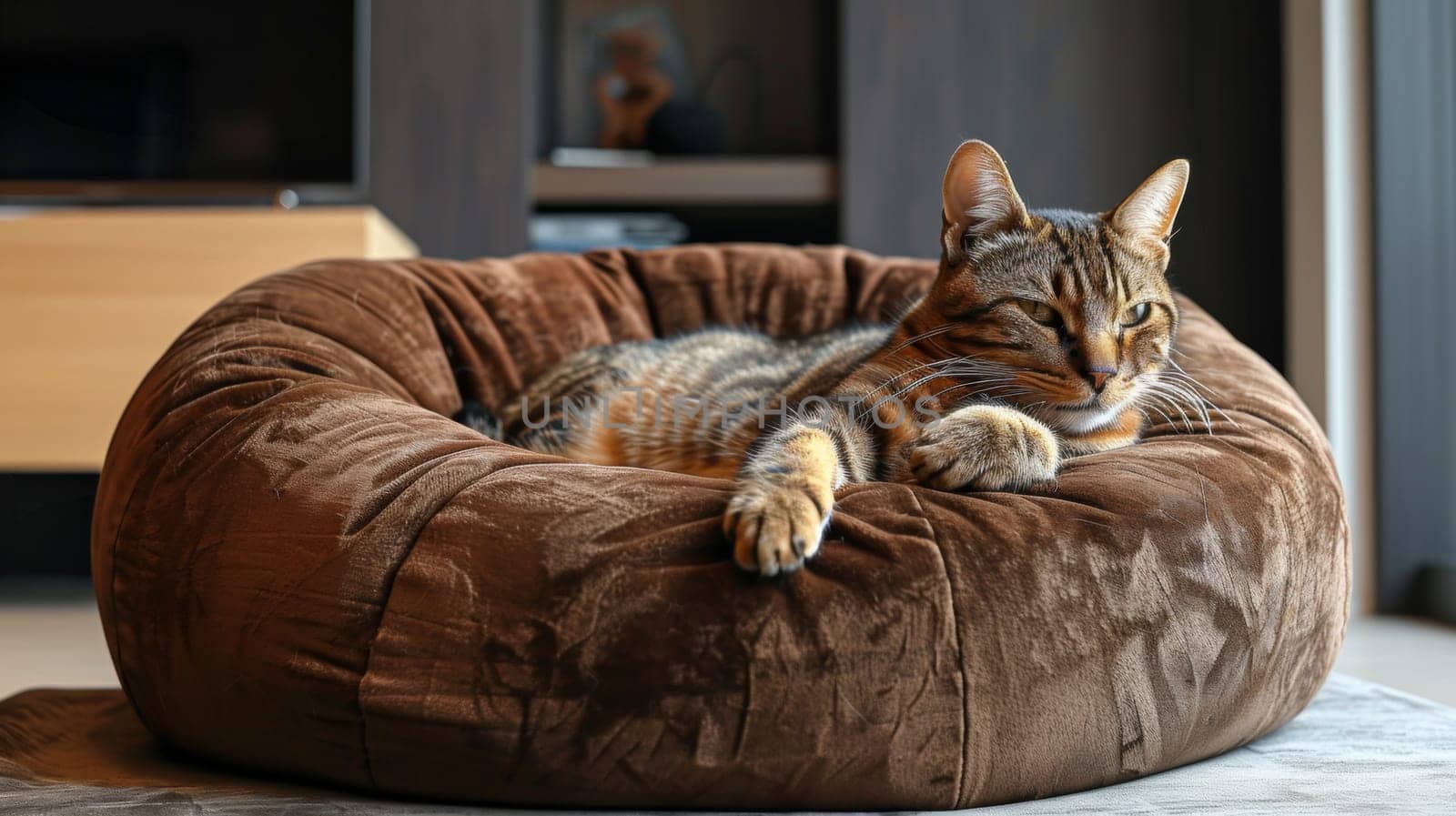 A cat laying on a brown bean bag in the living room