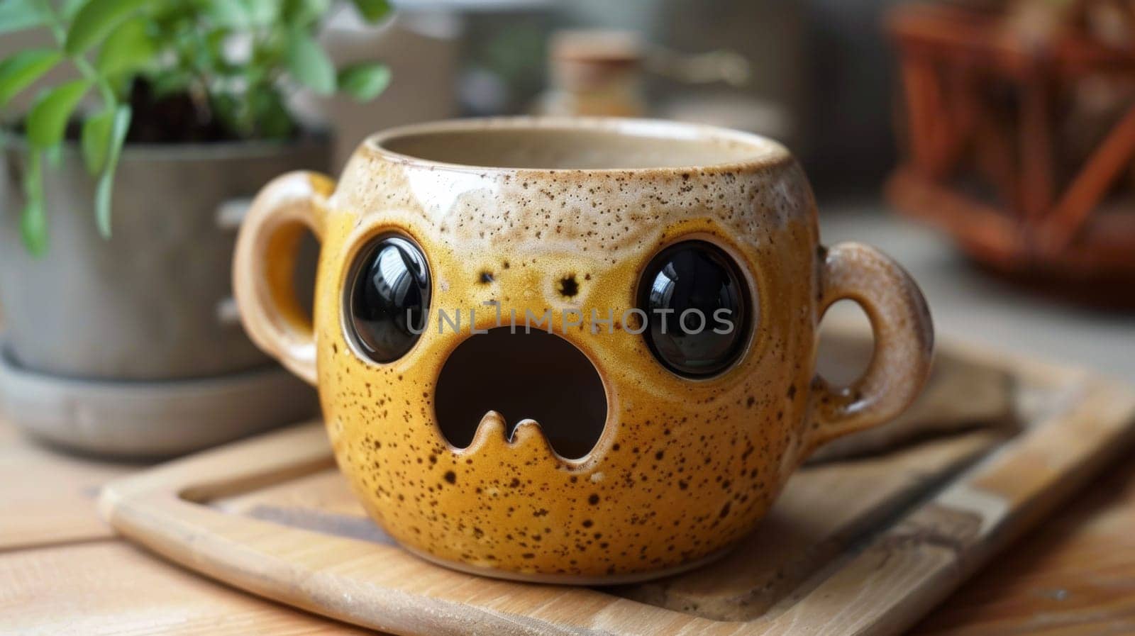 A close up of a mug with an angry face on it