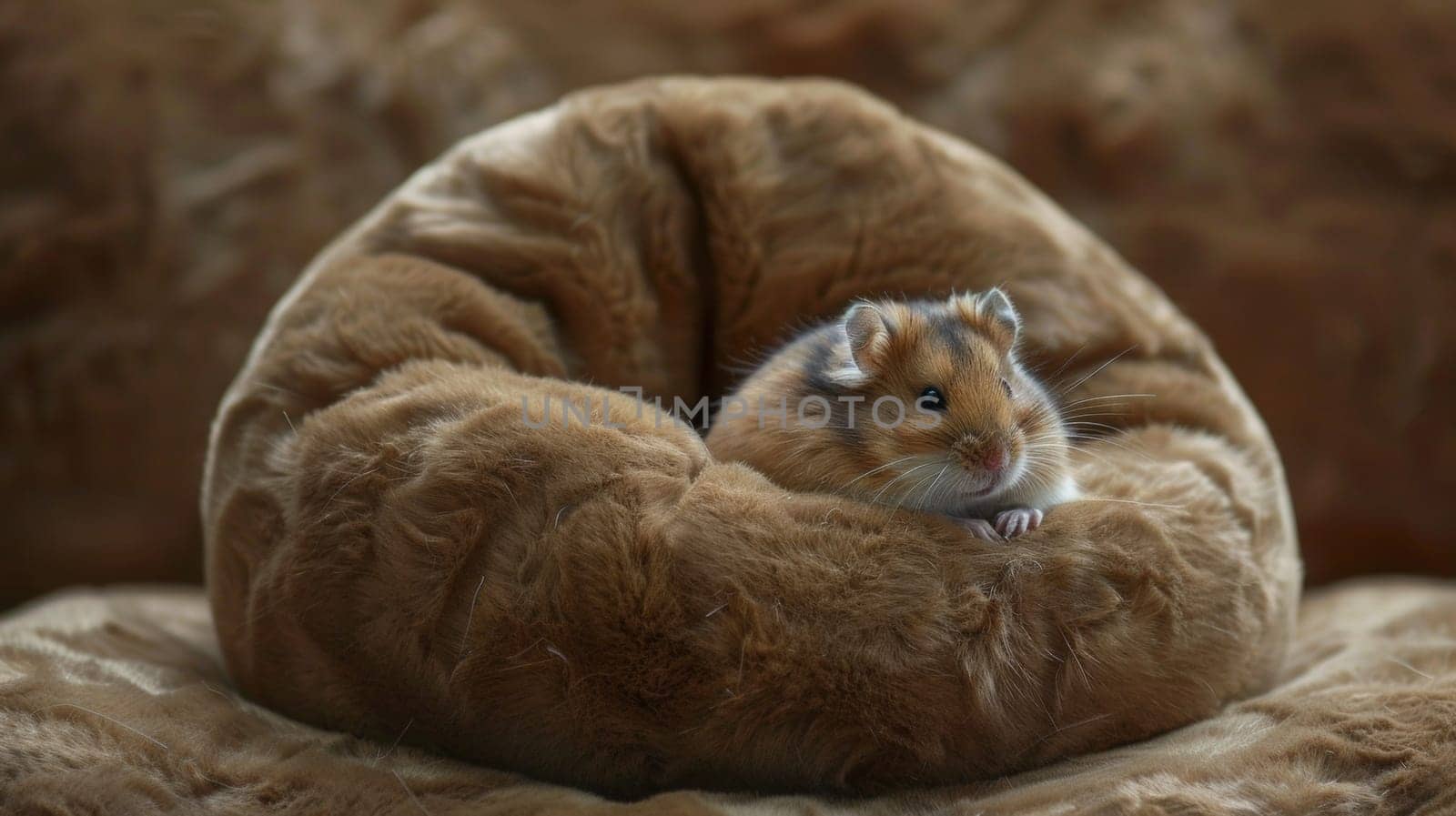 A small brown and white hamster sitting in a furry bean bag, AI by starush