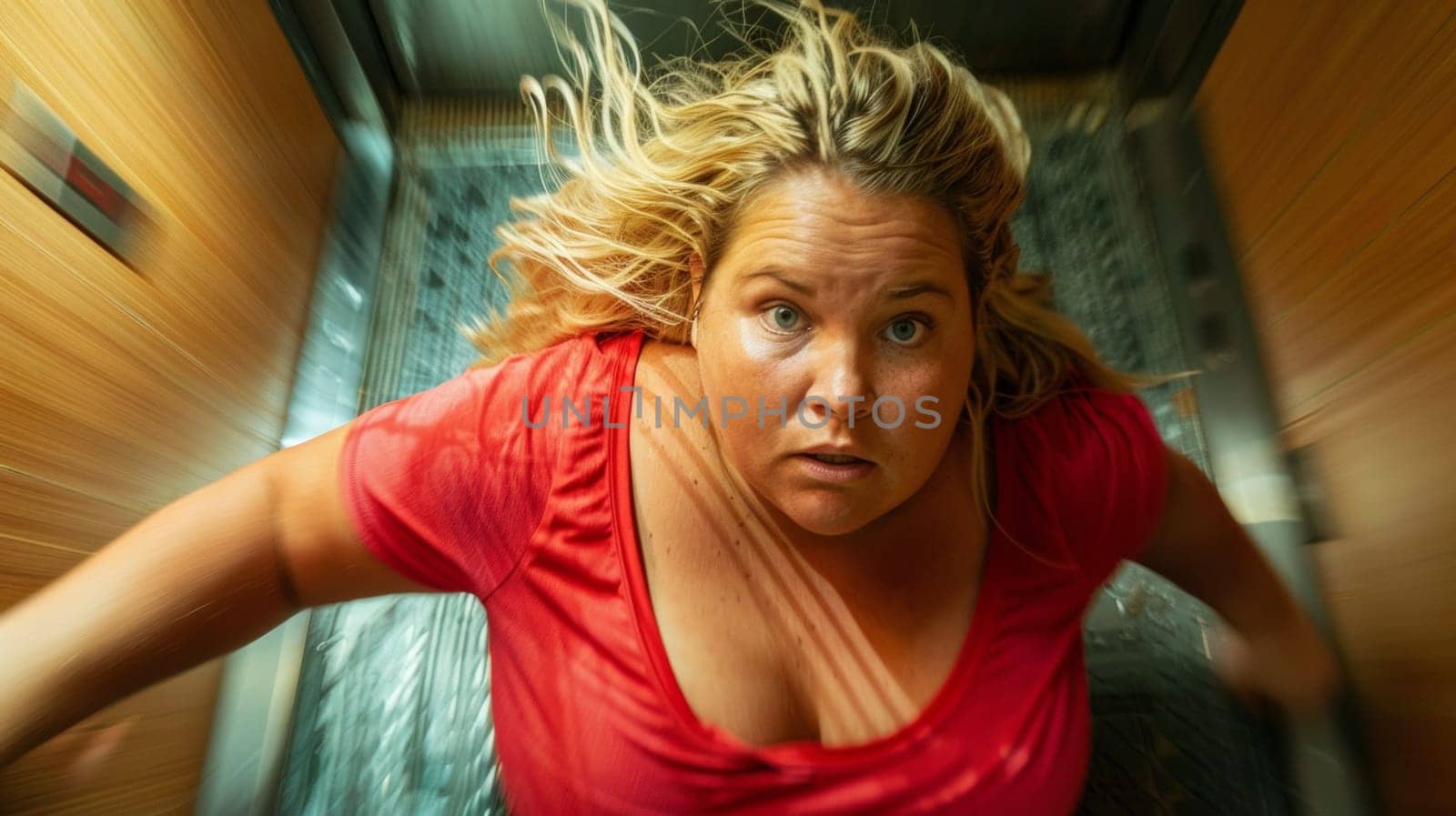 A woman in a red shirt is riding an escalator