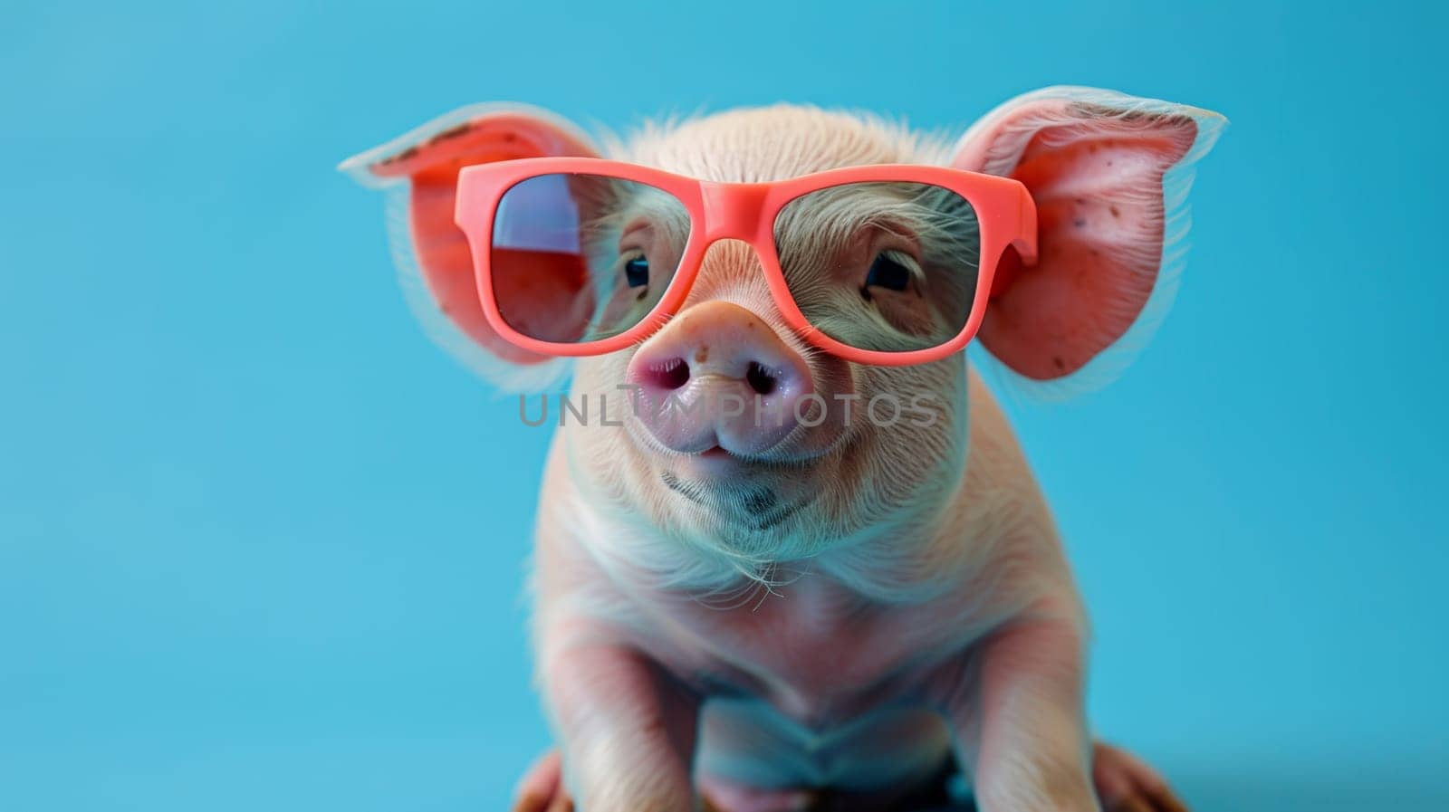 A small pig wearing pink sunglasses and a blue background