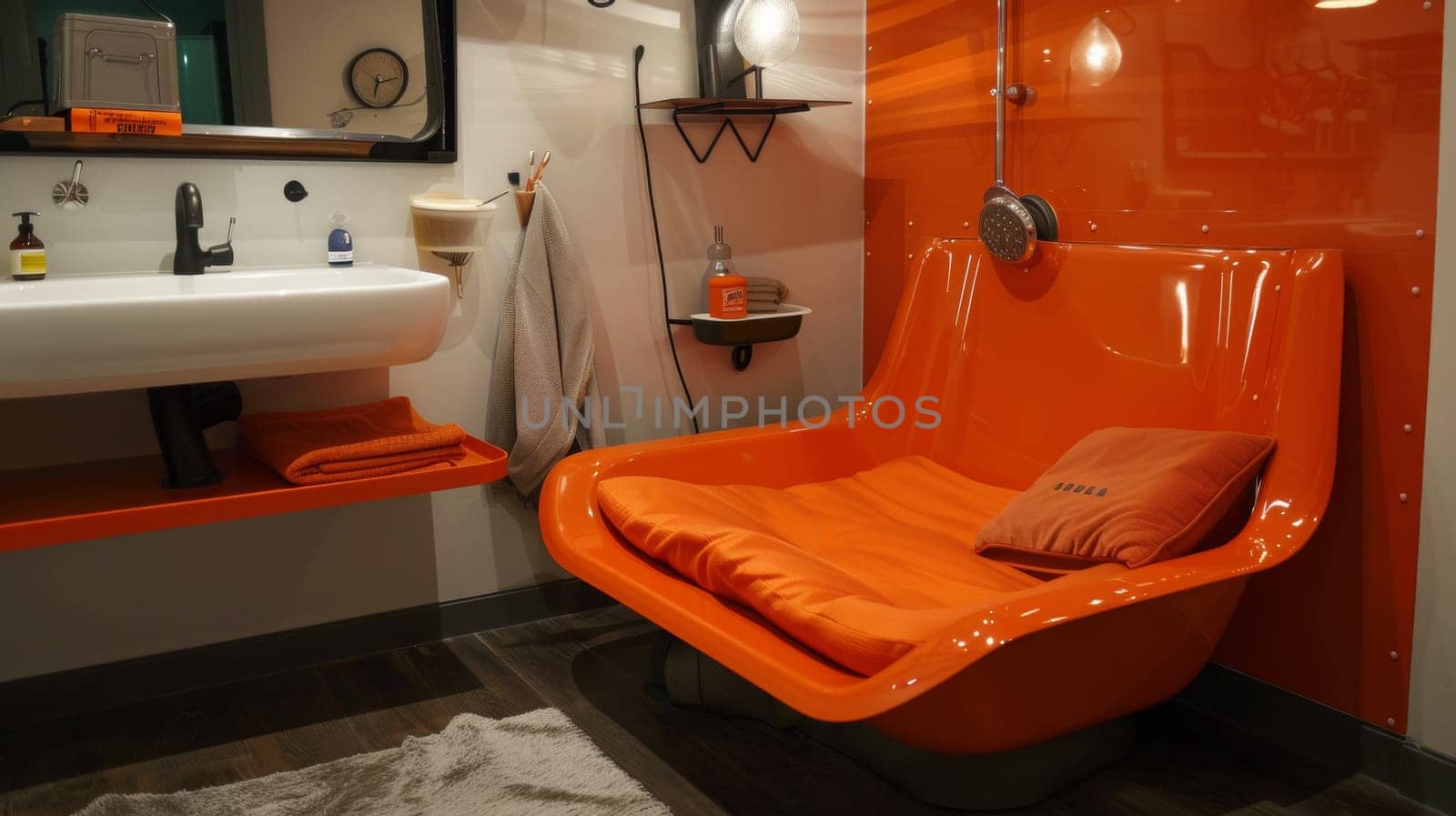 A bathroom with orange chair and sink in a modern setting