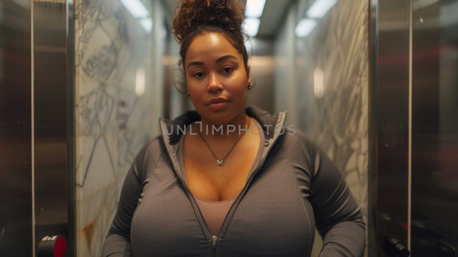 A woman with a big belly standing in an elevator, AI by starush