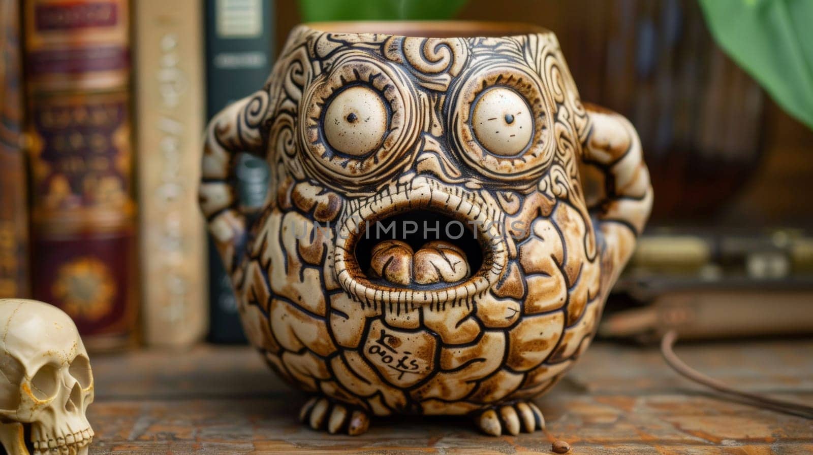 A vase with an owl face on it sitting next to a skull