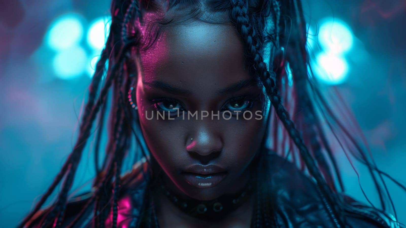 A close up of a woman with dreadlocks and braids