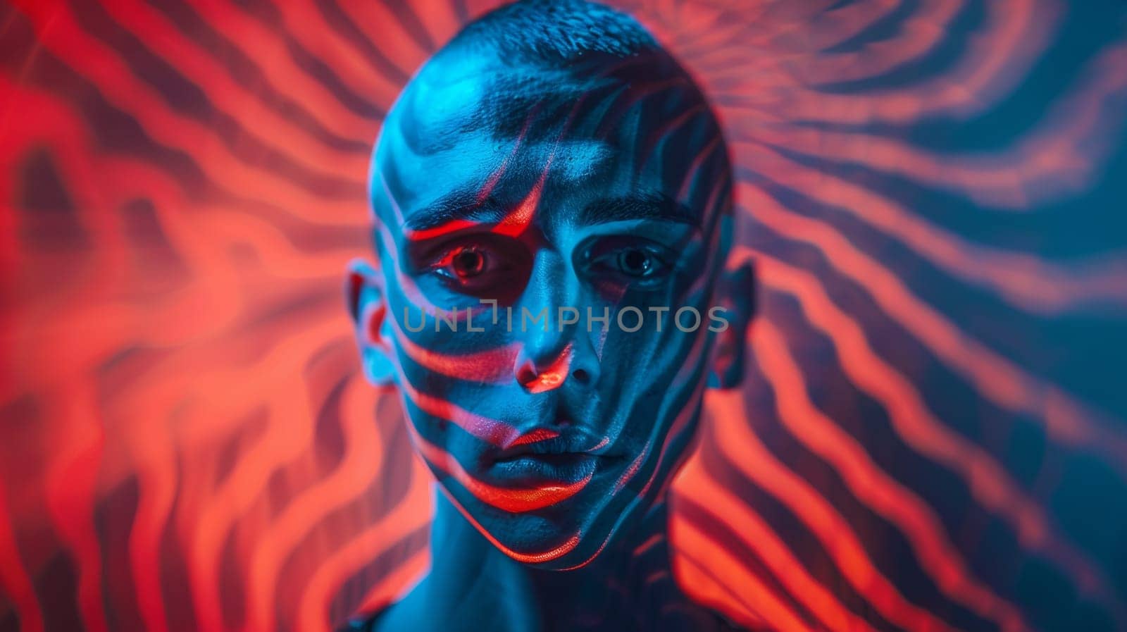 A man with a blue and red face in front of an orange background, AI by starush