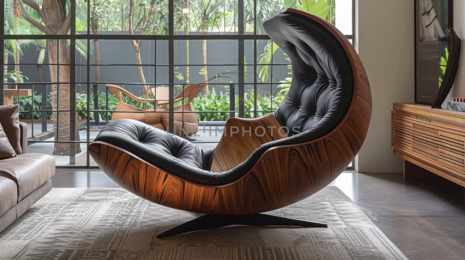 A modern lounge chair with a curved back and arm rests