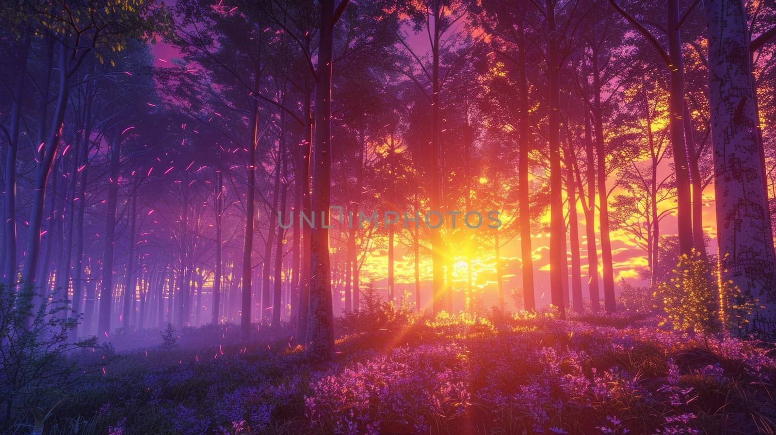 A forest with purple flowers and a sunset in the background