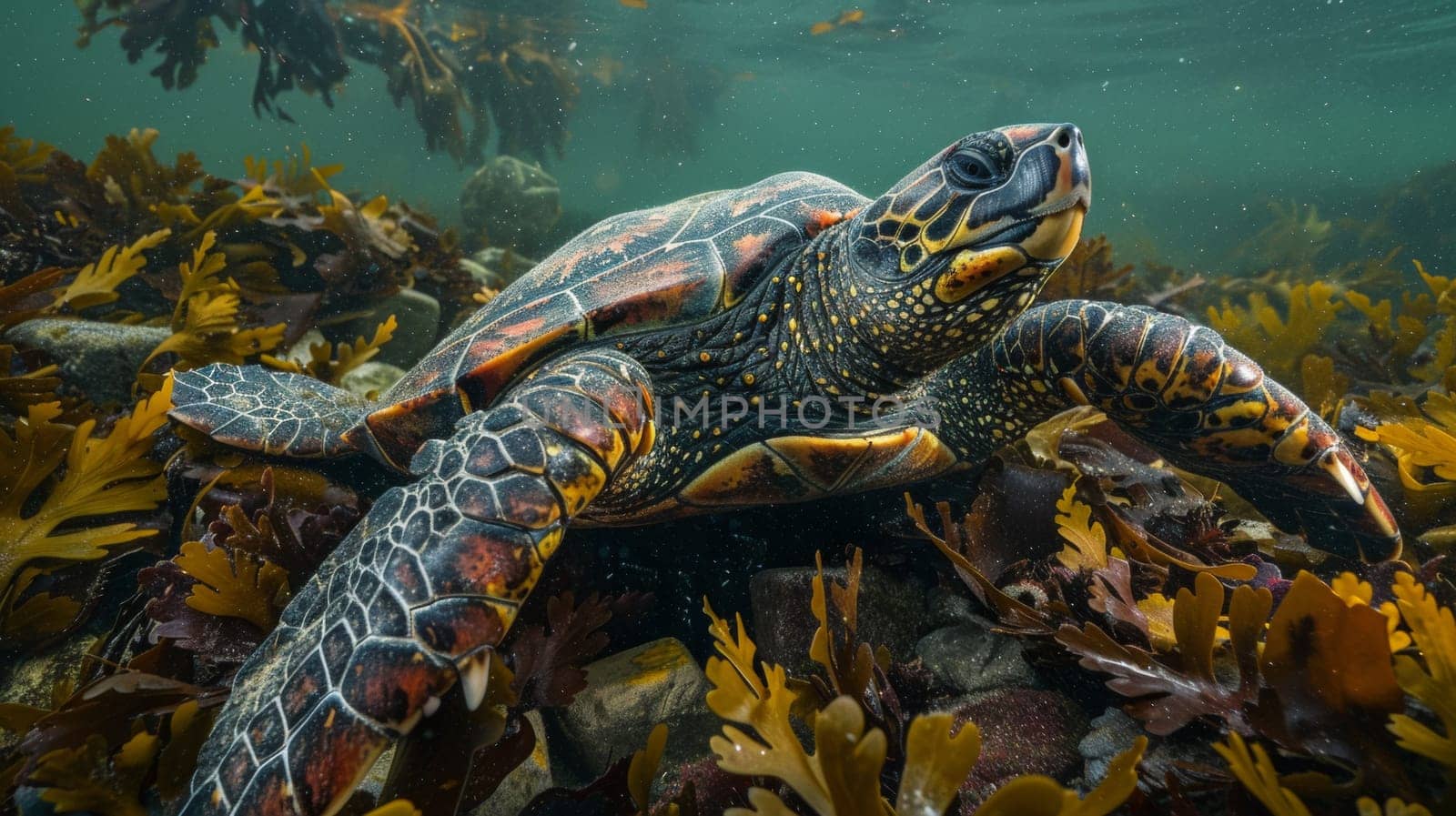 A turtle swimming in a sea of seaweed and plants