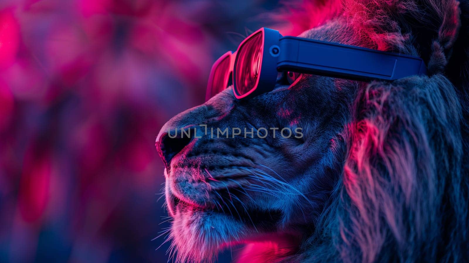A lion wearing sunglasses and a red tie with blue background