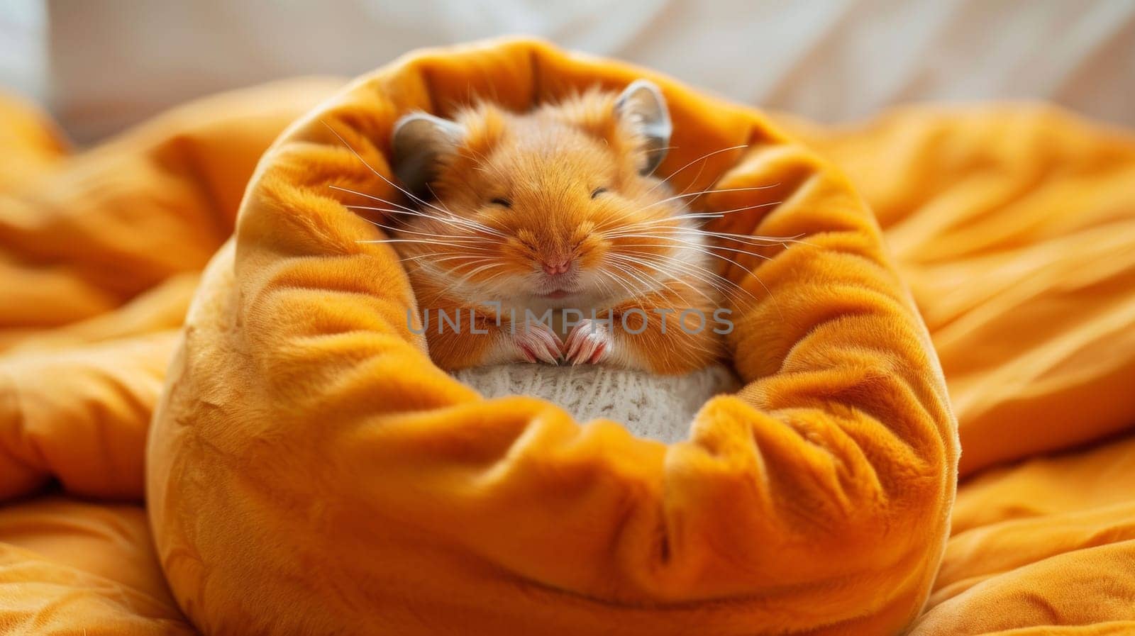 A small hamster is curled up in a ball on an orange blanket