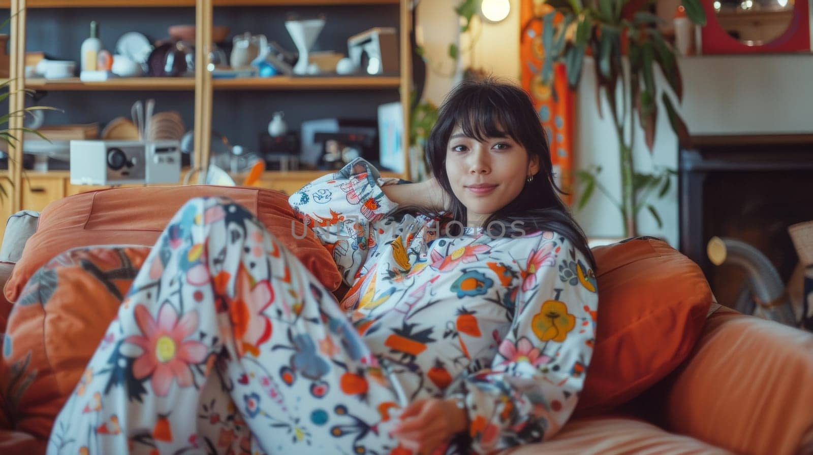 A woman in pajamas sitting on a couch with plants, AI by starush