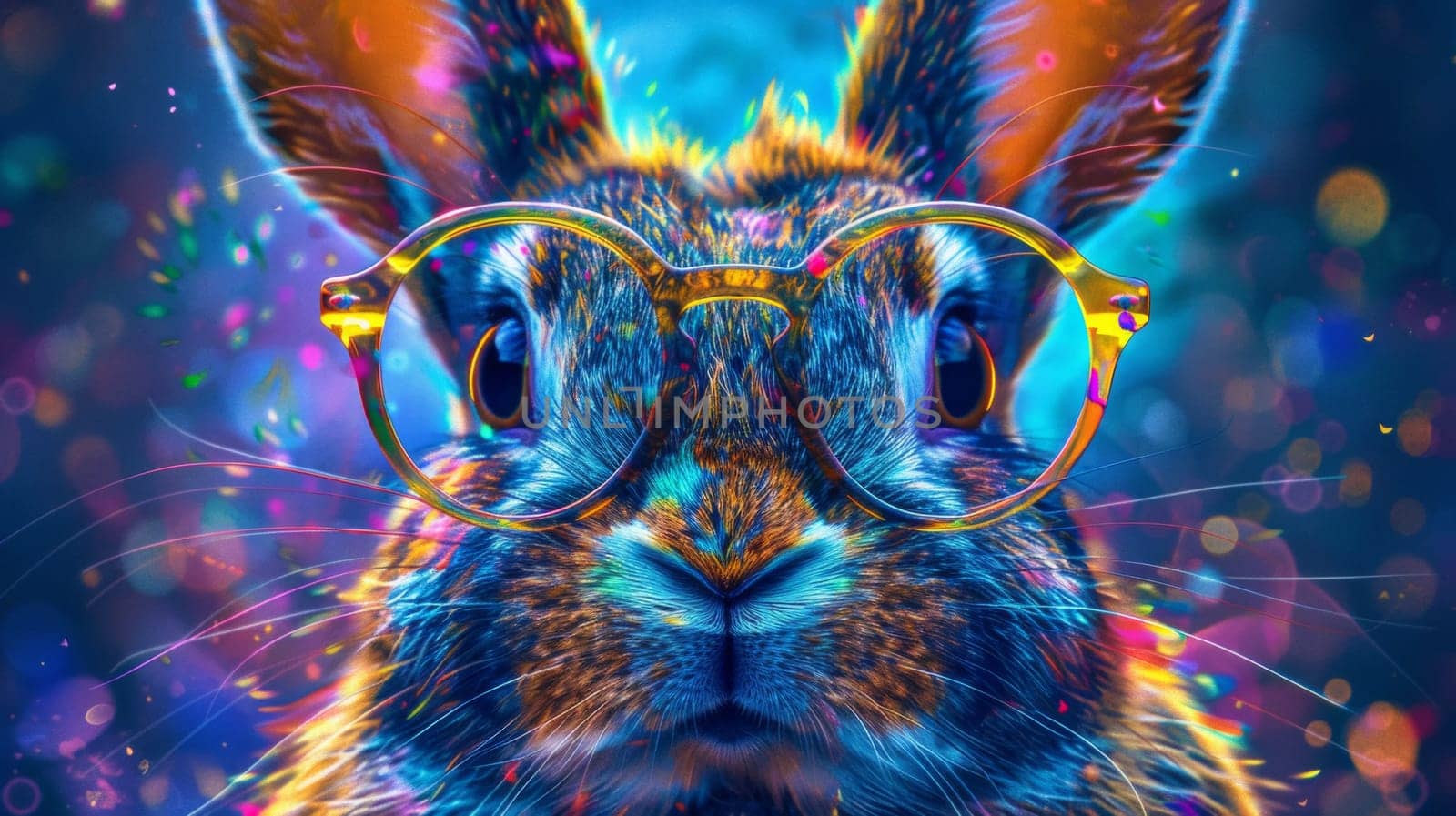 A close up of a rabbit wearing glasses with colorful background