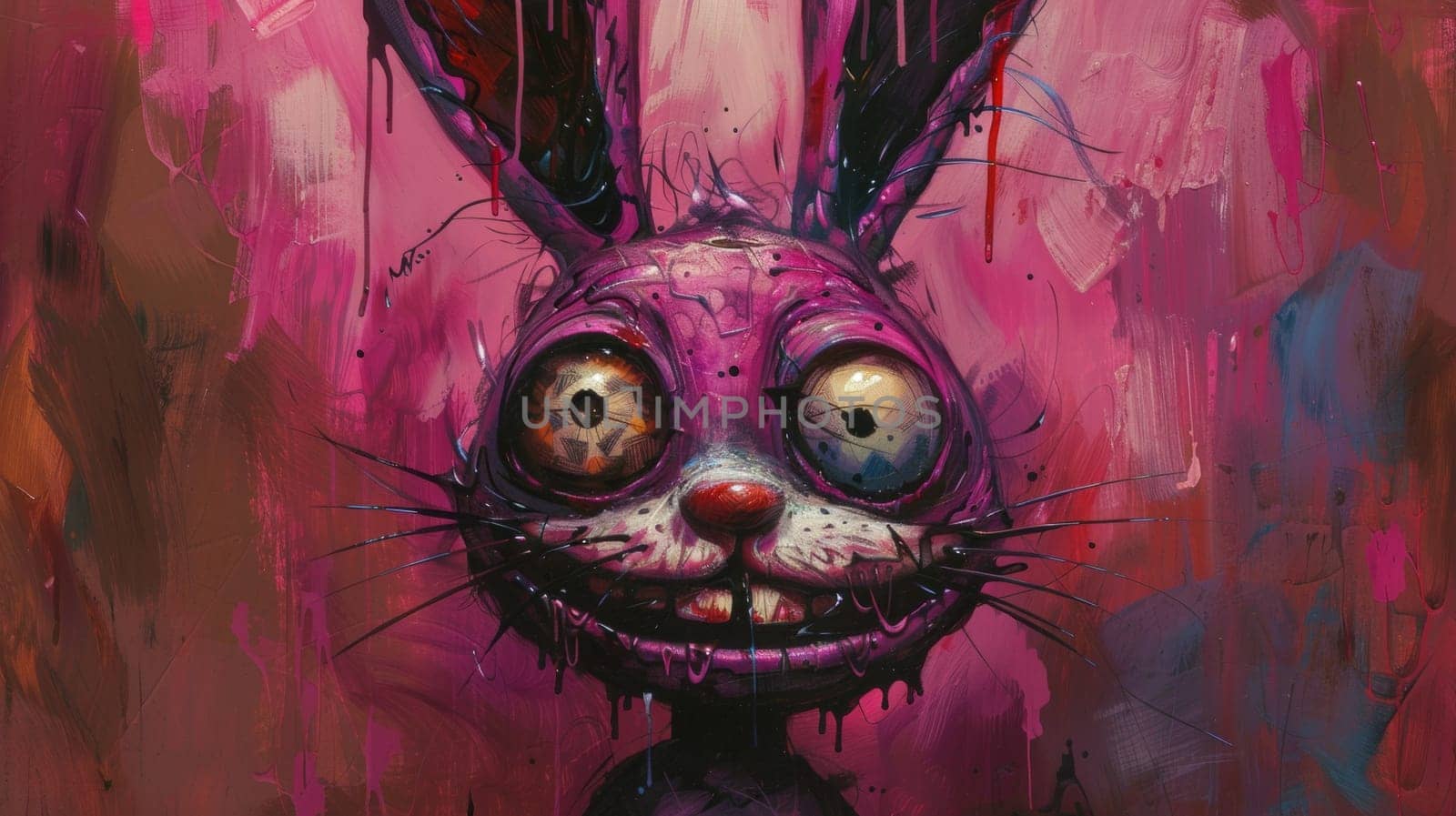 A painting of a rabbit with big eyes and painted on