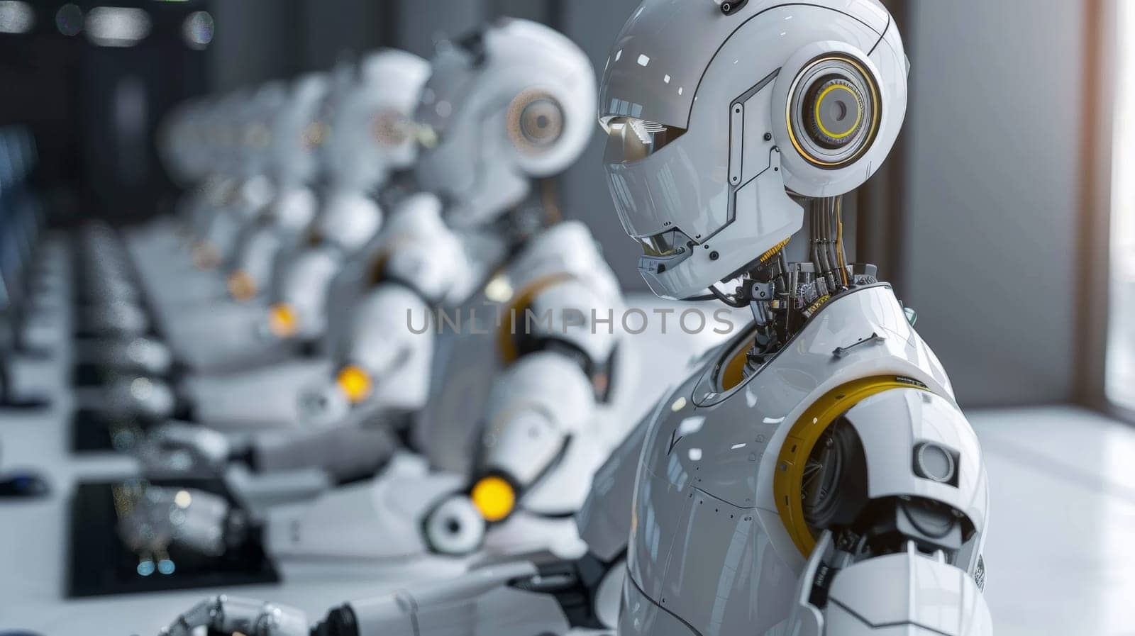 A row of robots sitting at a desk with their hands on the keyboard, AI by starush