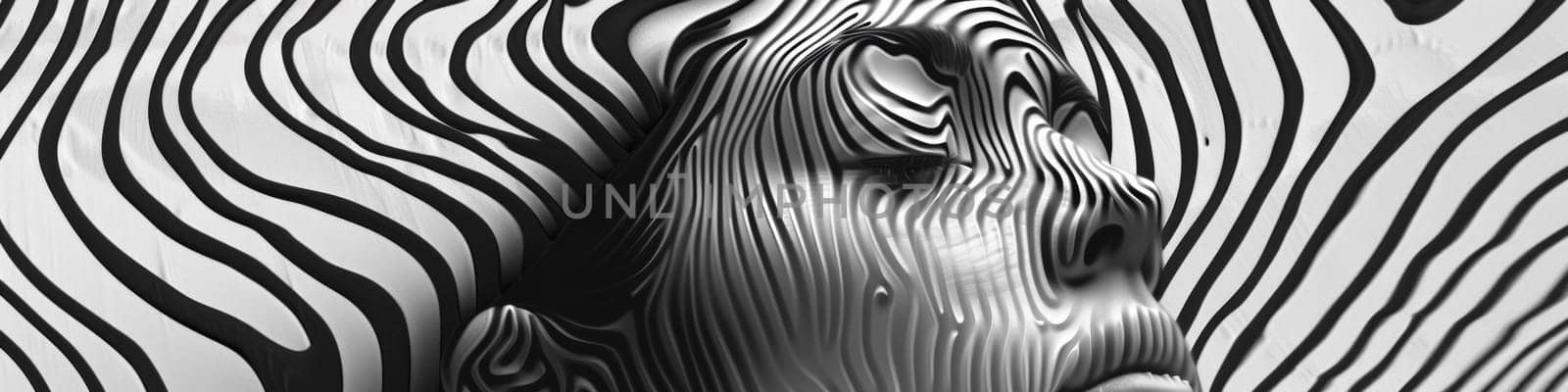 A woman's face is distorted by a zebra patterned background, AI by starush