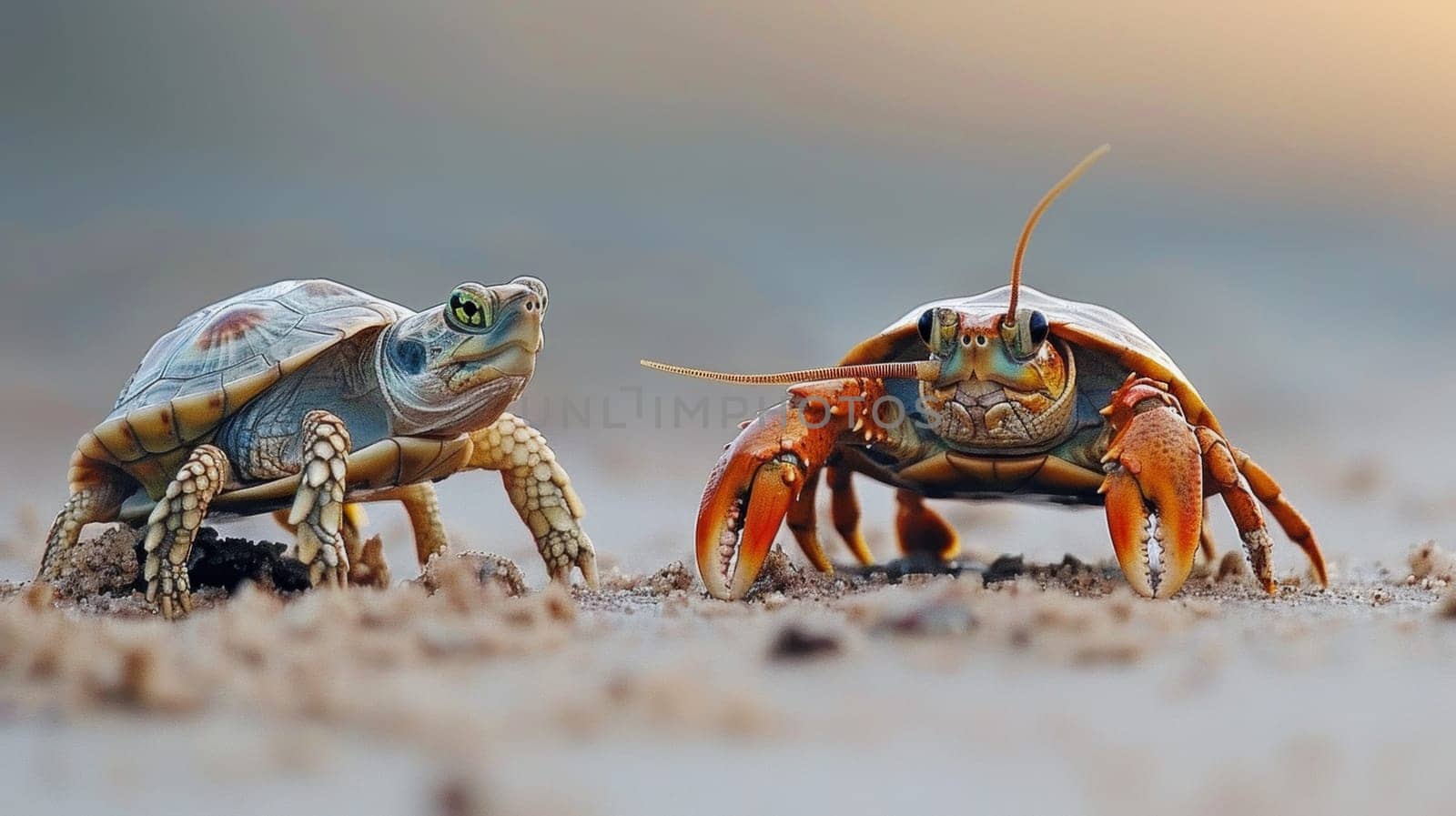 Two small turtle and crab chimeras are standing next to each other, AI by starush