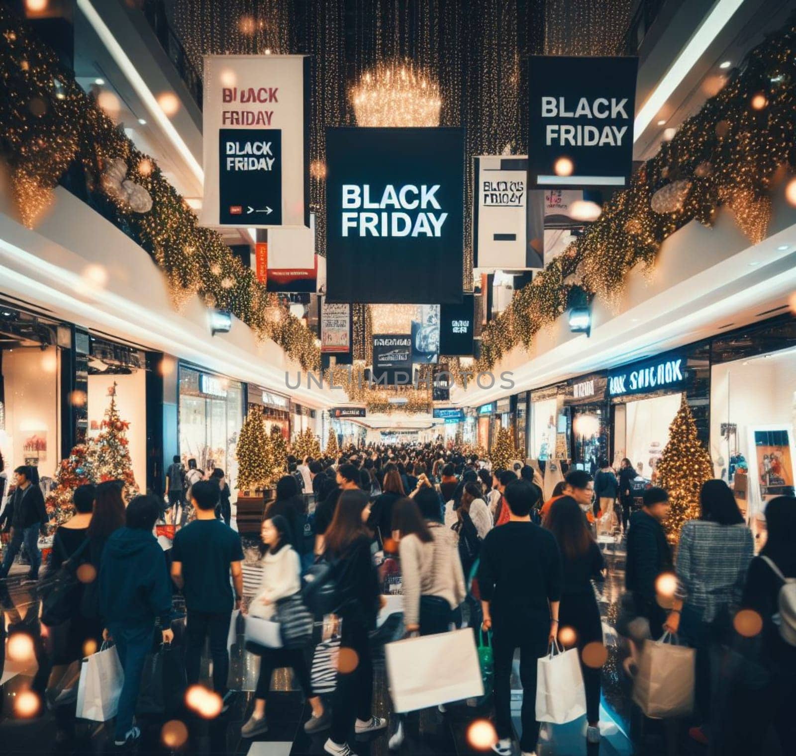 Busy shopping mall during black friday, holiday season with ornaments and decorations ai generated