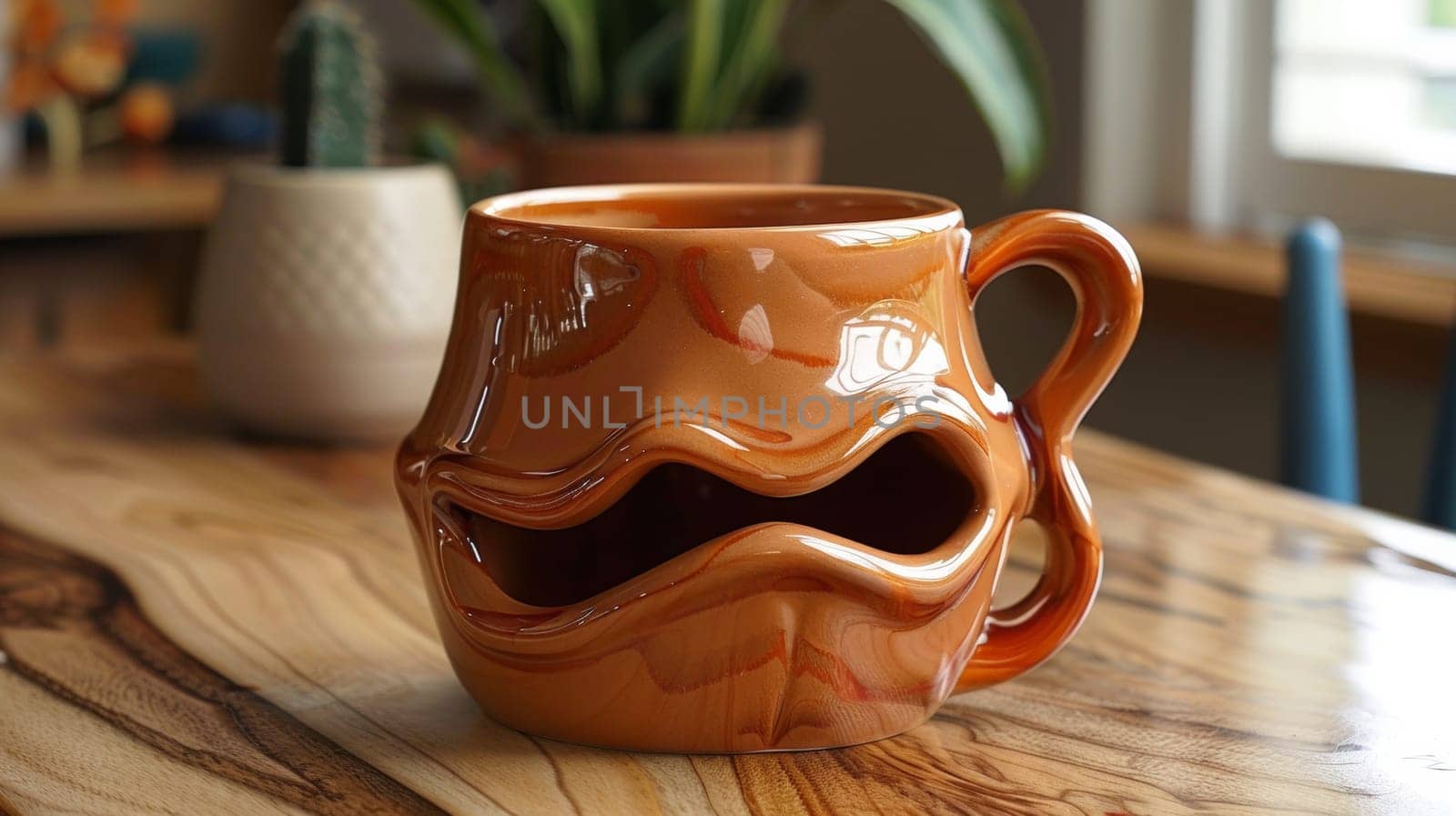 A coffee mug with a mouth on the side sitting in front of a plant, AI by starush