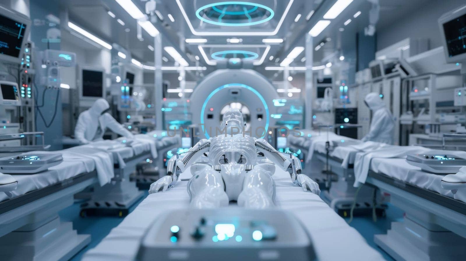 A futuristic medical facility with a robot in the middle of it, AI by starush