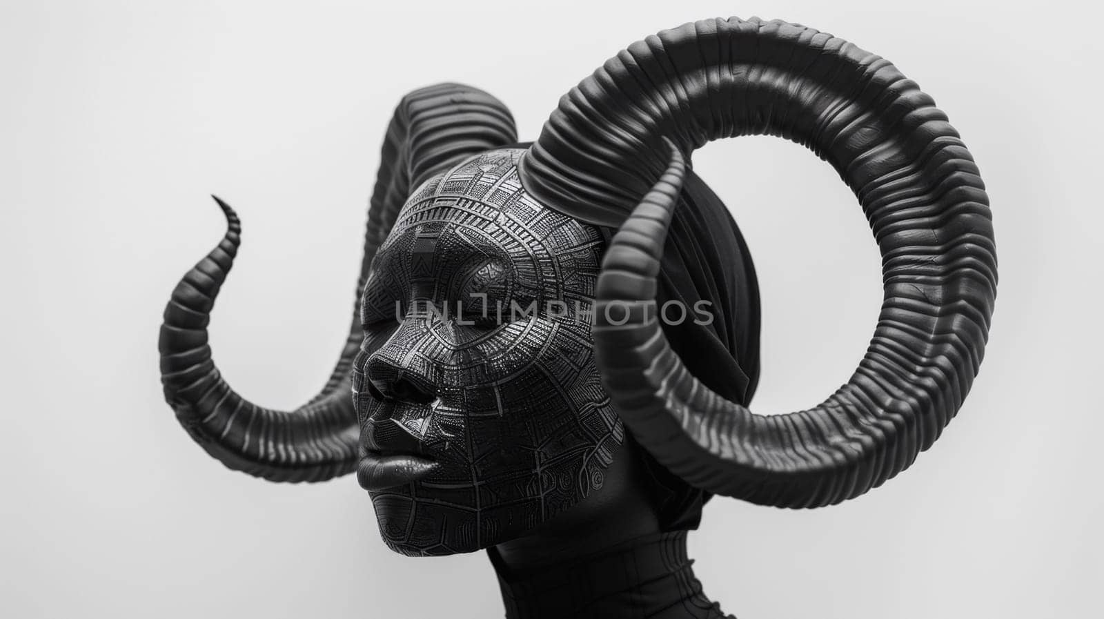 A black and white photo of a sculpture with horns, AI by starush