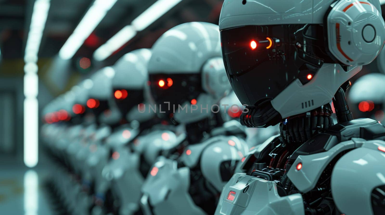 A row of robots lined up in a line with glowing red eyes