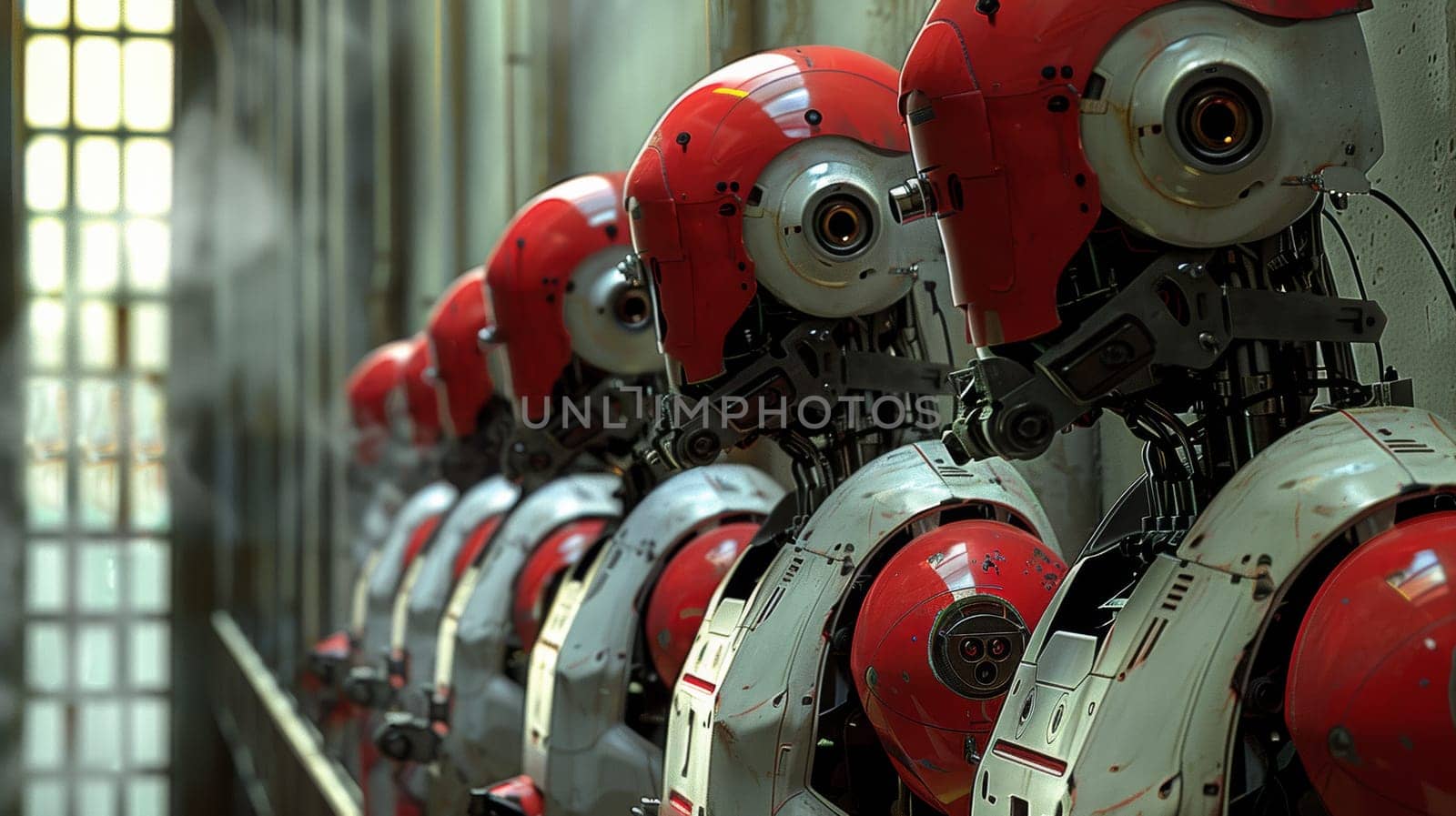 A row of red and white robots lined up against a wall, AI by starush