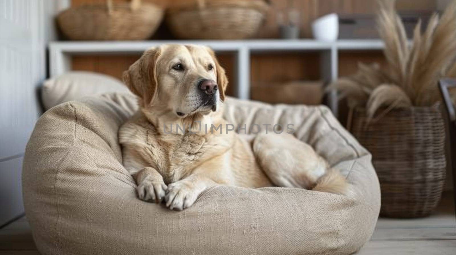A dog laying on a large bed in the living room, AI by starush