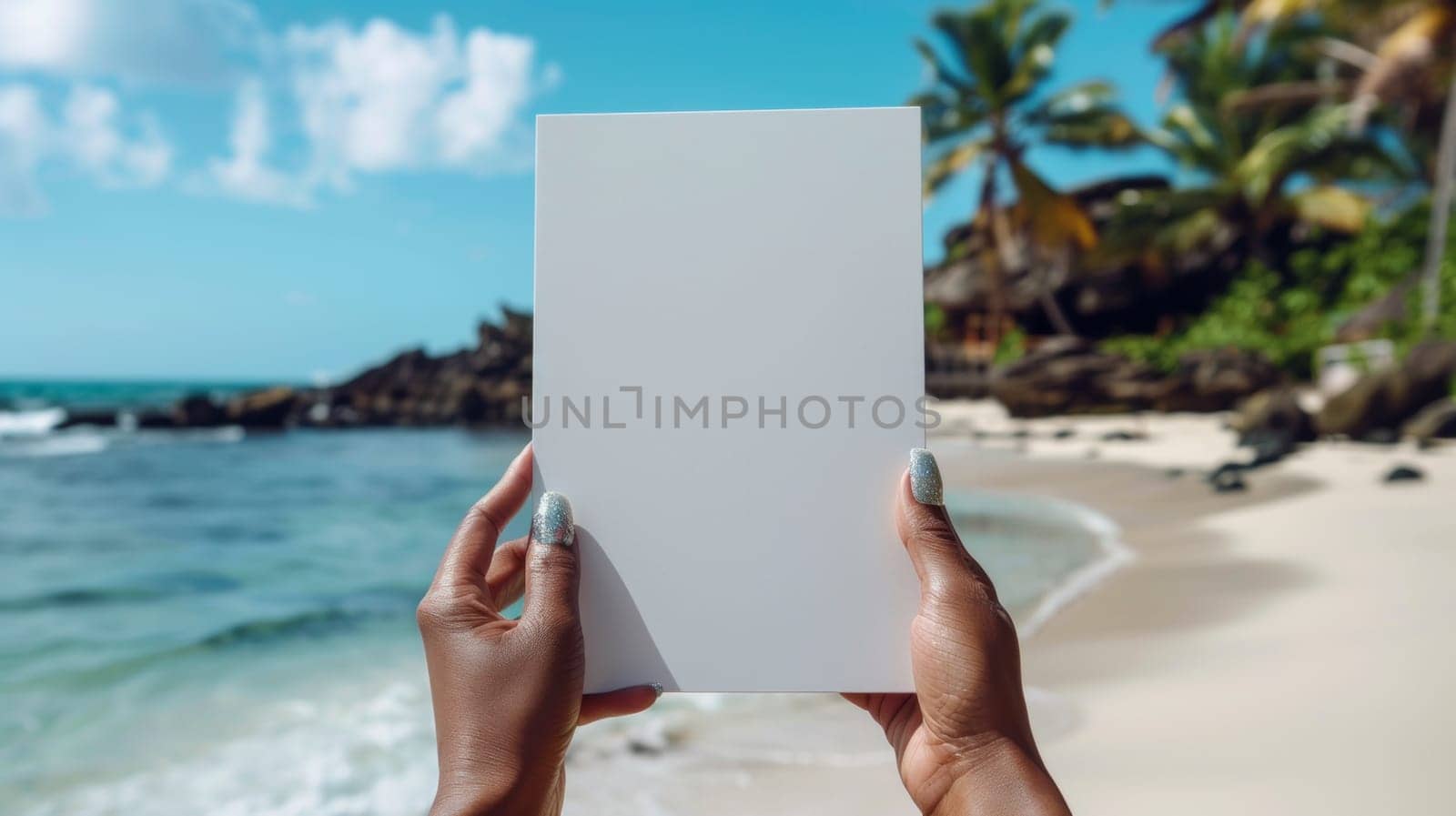 A person holding a blank white paper on the beach, AI by starush