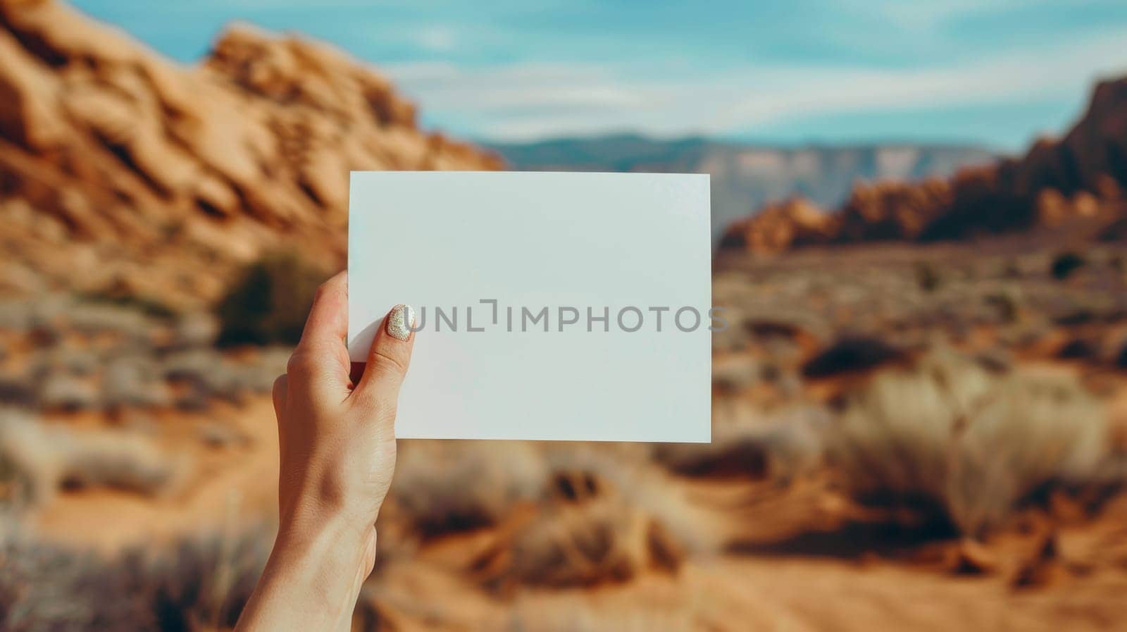 A person holding a blank piece of paper in front of desert, AI by starush