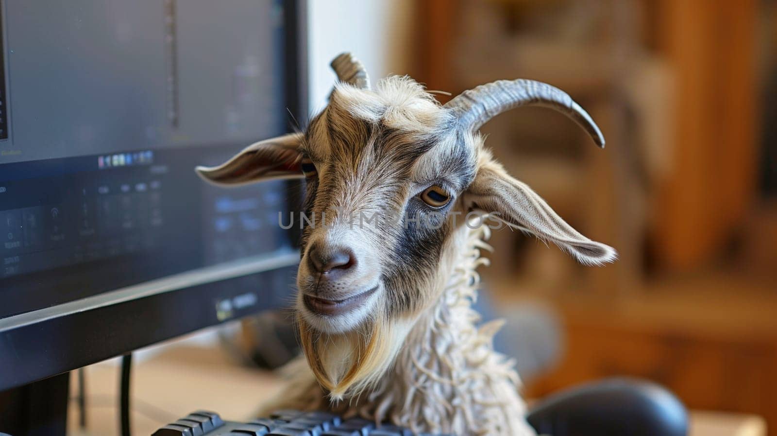 A goat is sitting next to a computer monitor with its head in front of it