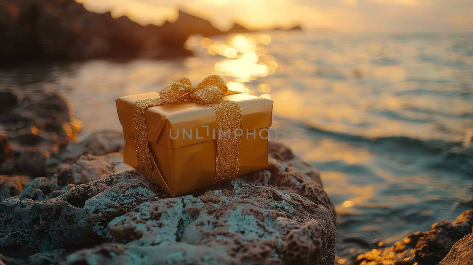 A gift box sitting on top of a rock with the ocean in background