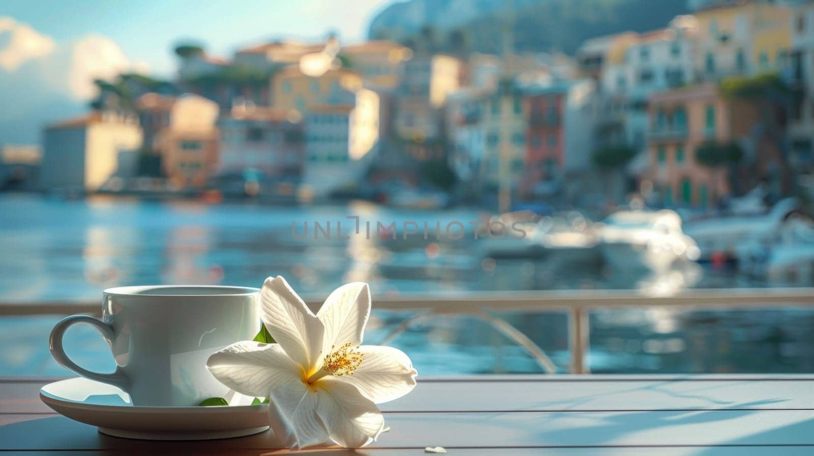 A cup of coffee and a flower on the table in front of water