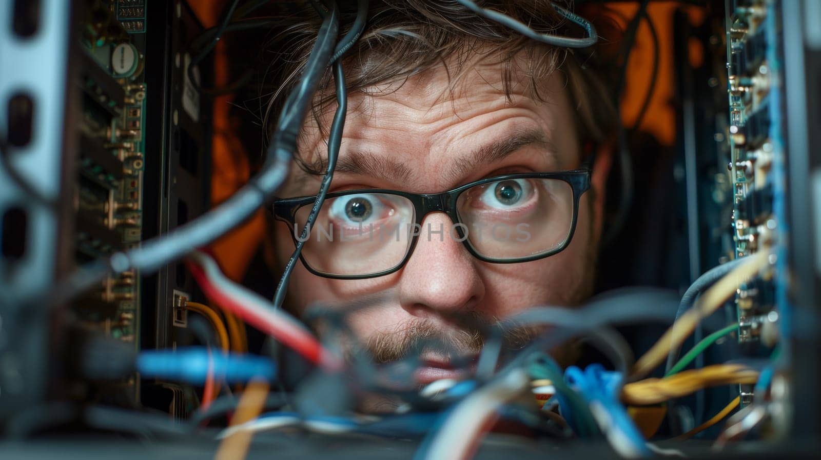 A man with glasses peeking out of a computer case, AI by starush