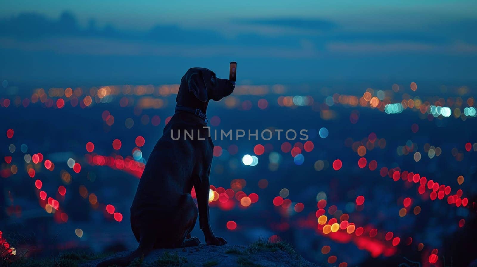 A dog sitting on a hill looking at the city lights