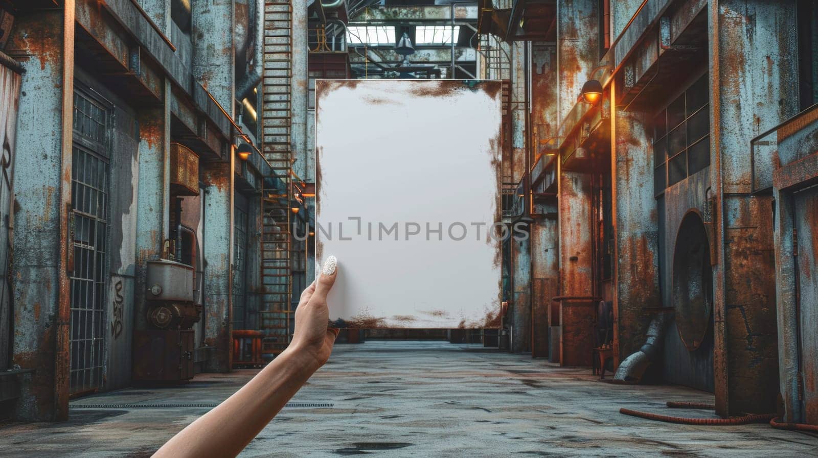 A person holding up a blank piece of paper in an industrial setting, AI by starush