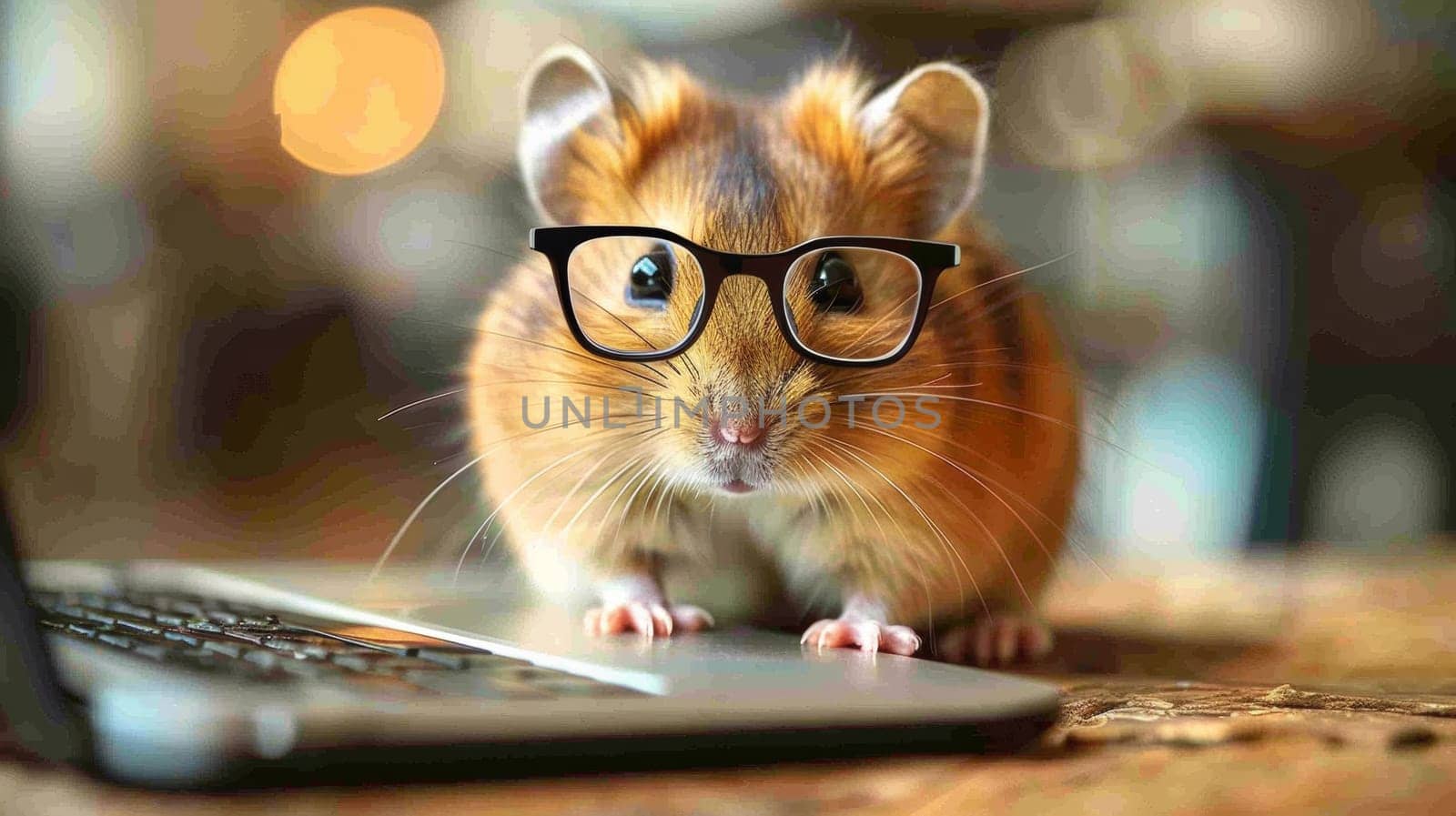 A small mouse wearing glasses on a laptop computer, AI by starush