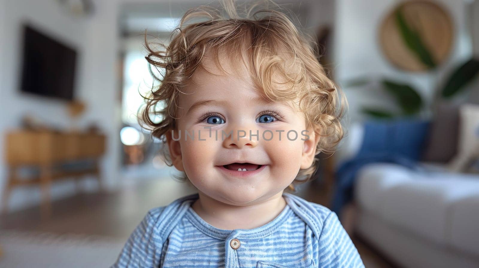 A baby with curly hair smiling in a living room