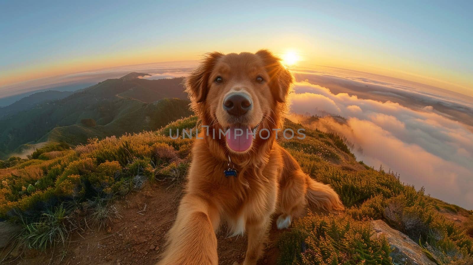 A dog is sitting on top of a mountain with the sun behind him, AI by starush