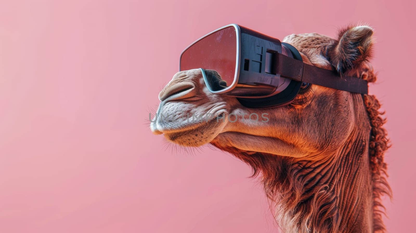 A camel with a pair of virtual reality goggles on its head