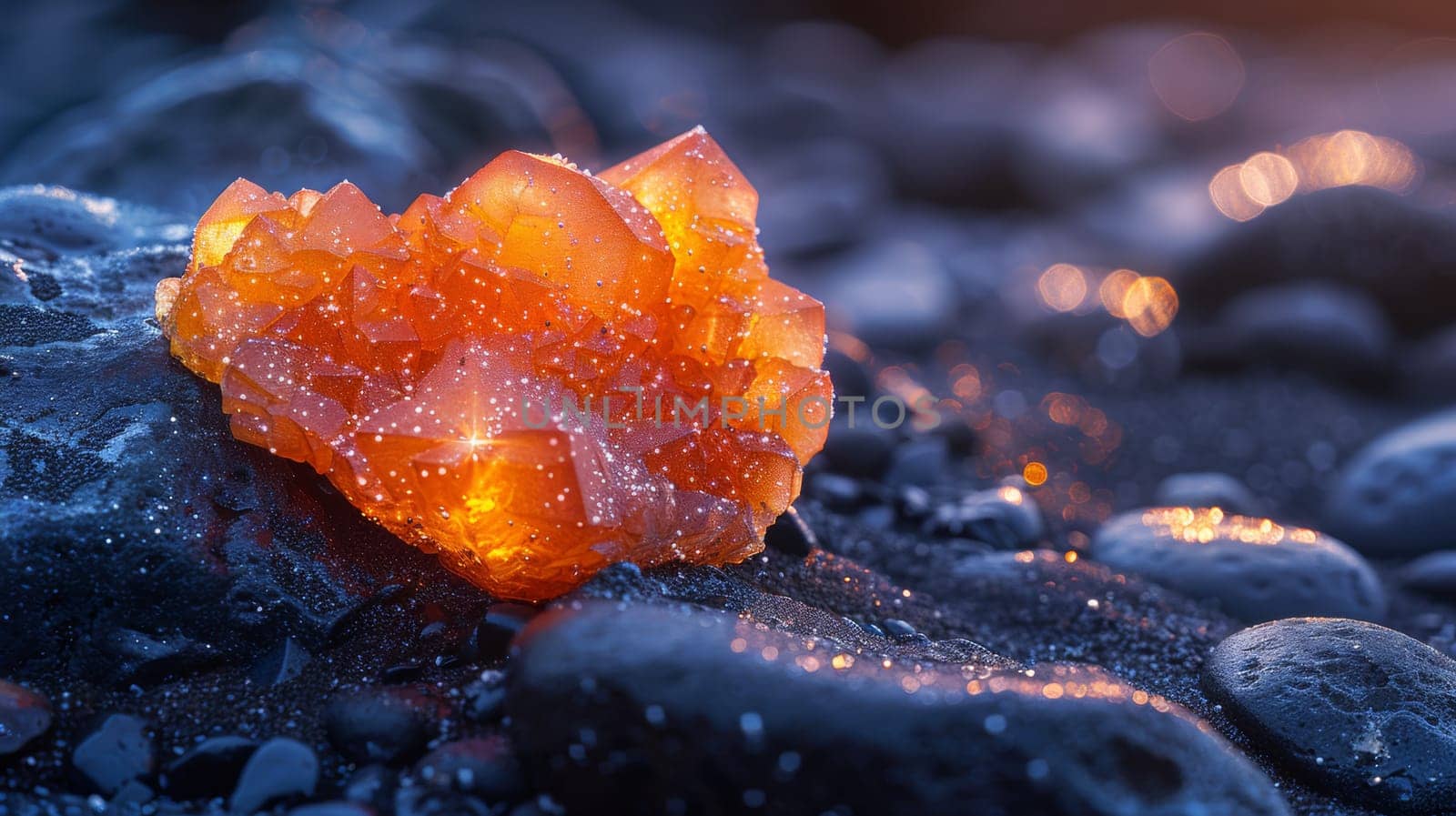 A close up of a orange rock sitting on some rocks