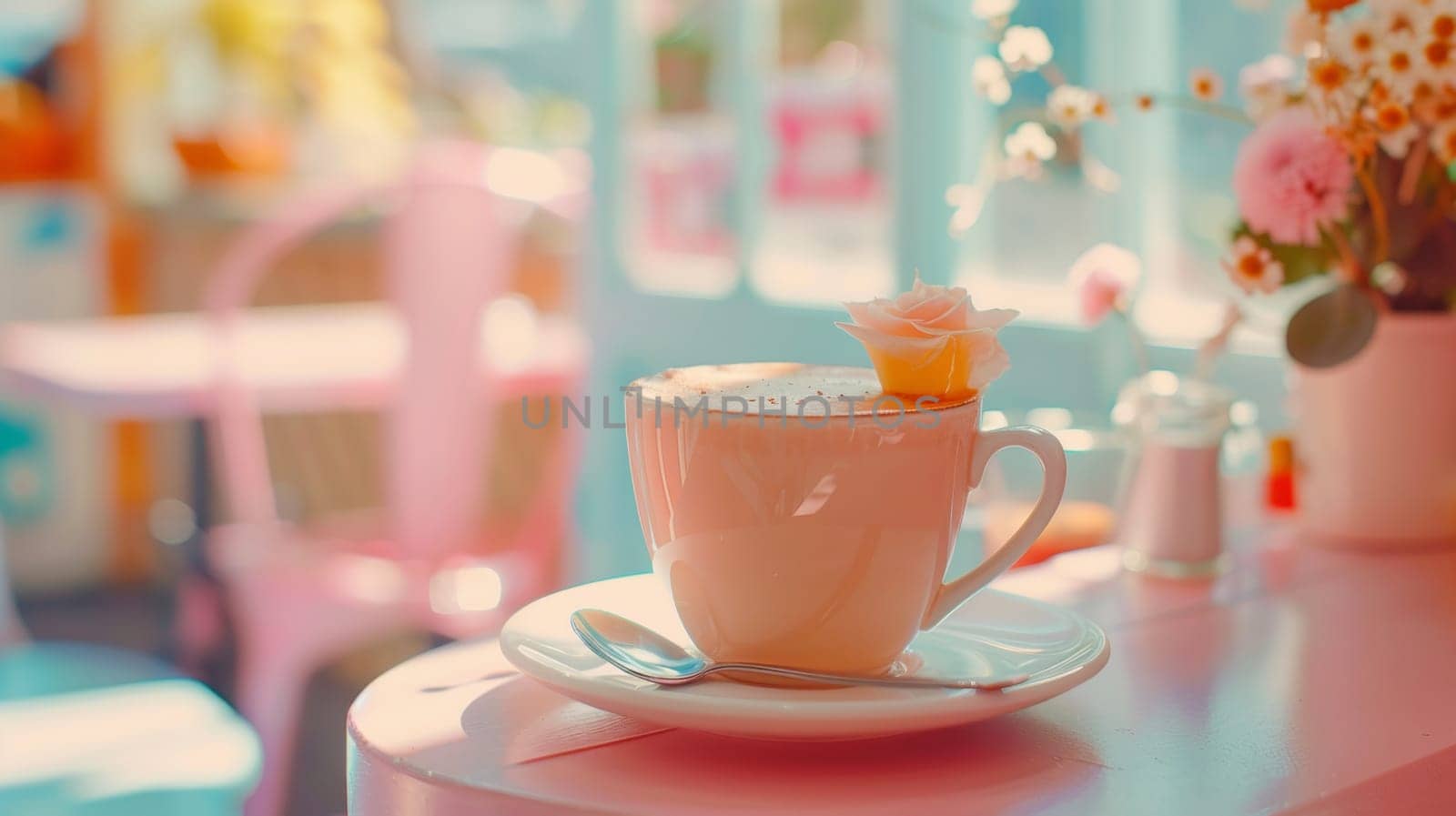 A cup of coffee on a table with flowers in it