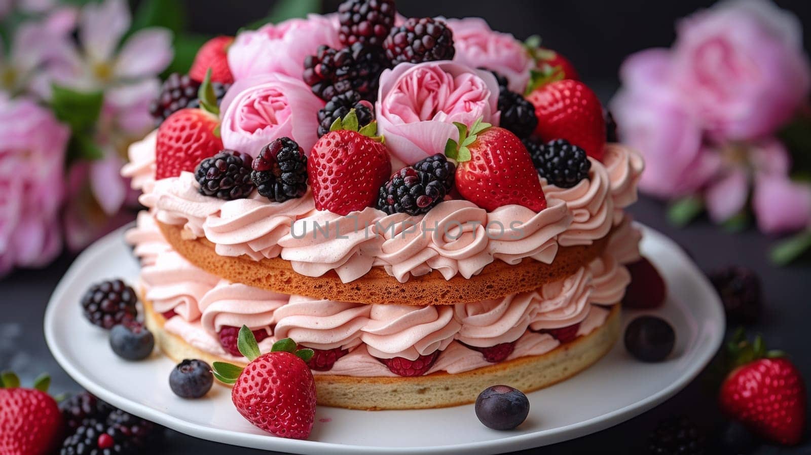 A close up of a cake with berries and cream on top