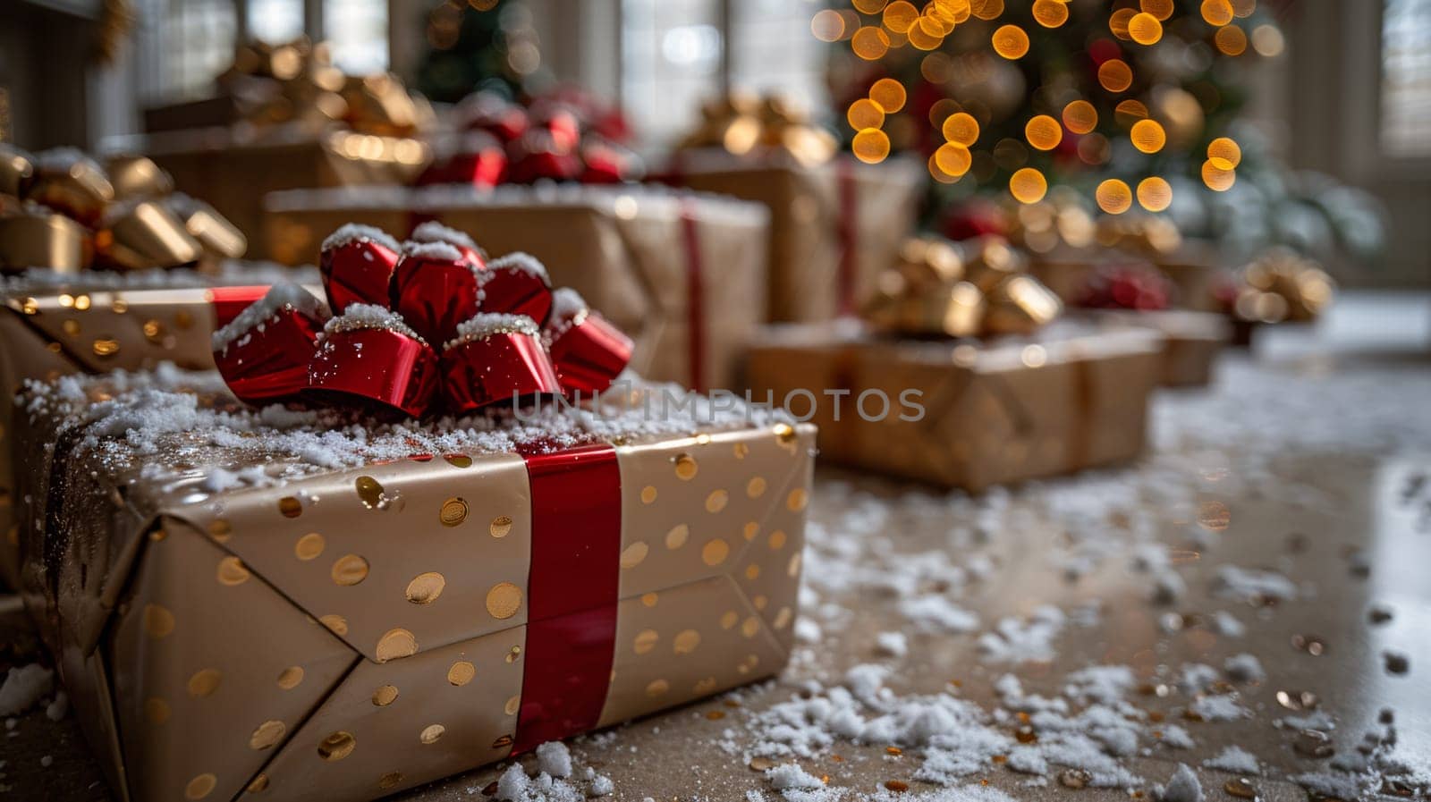 A bunch of presents wrapped in gold paper with red bows