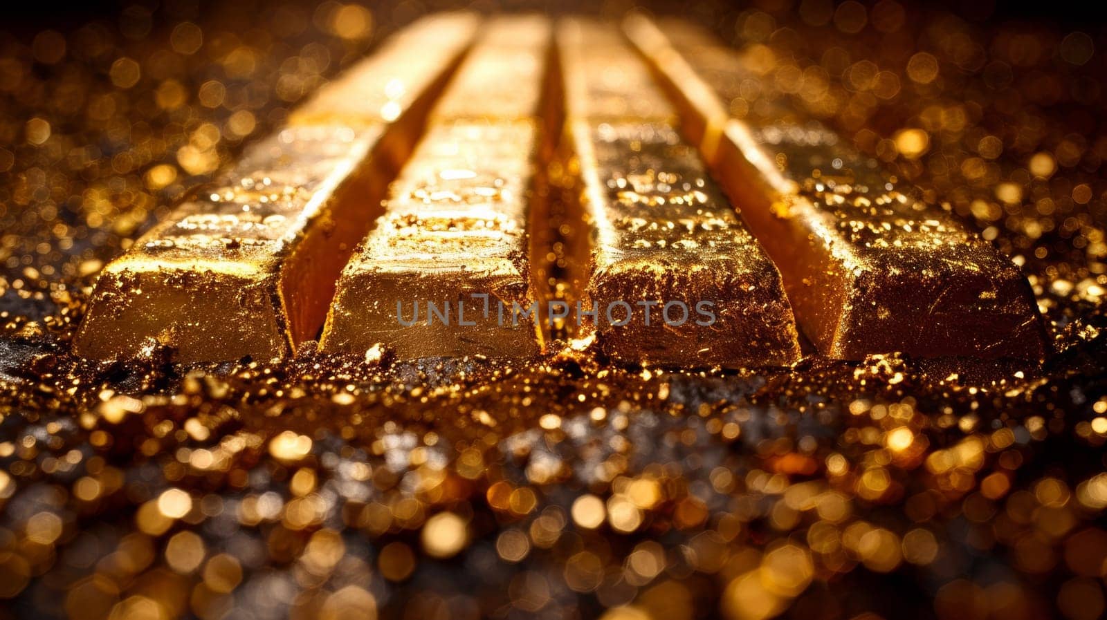 A close up of a row of gold bars on top of some shiny objects, AI by starush