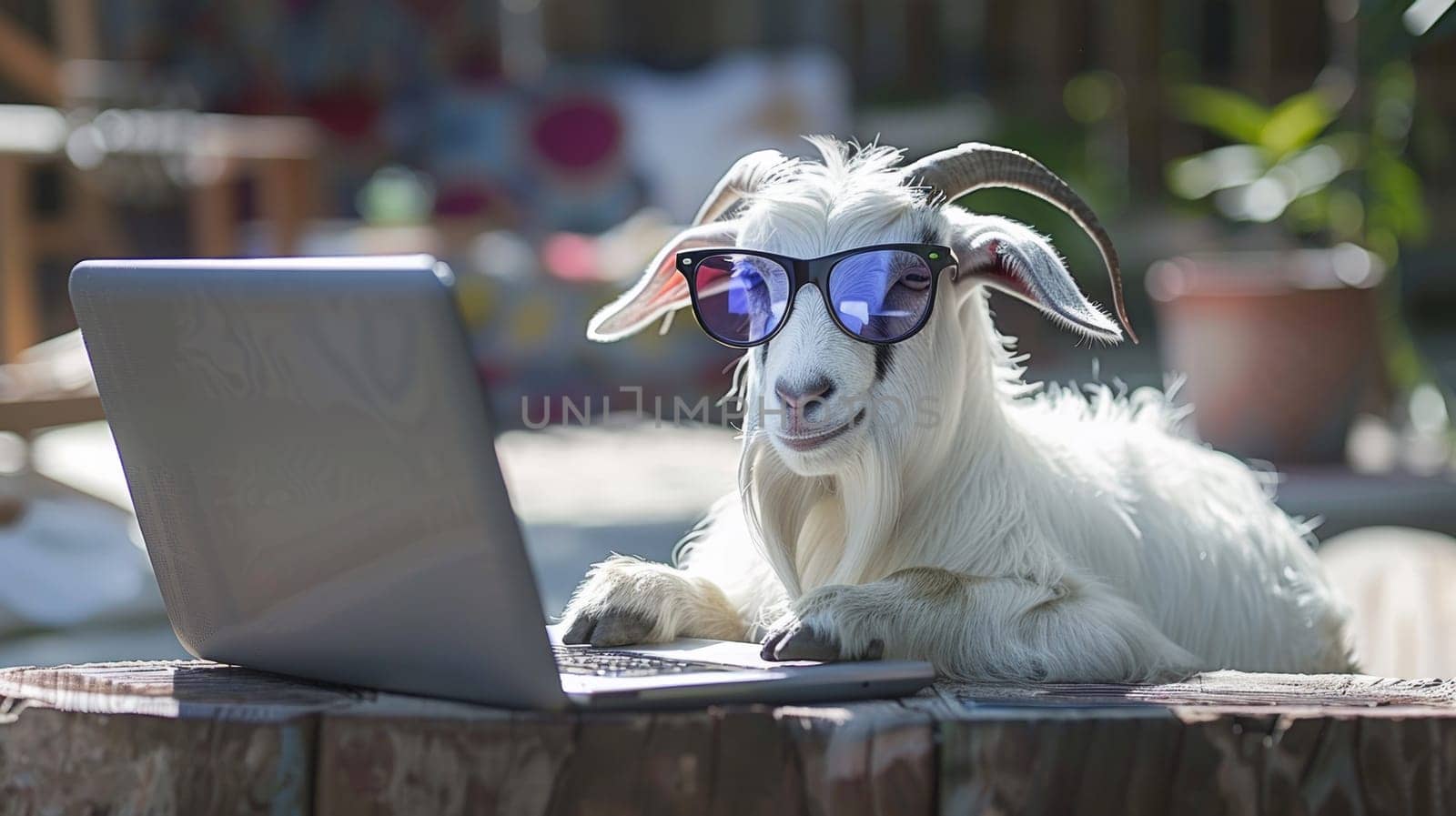 A goat wearing sunglasses and a laptop on top of wooden table, AI by starush