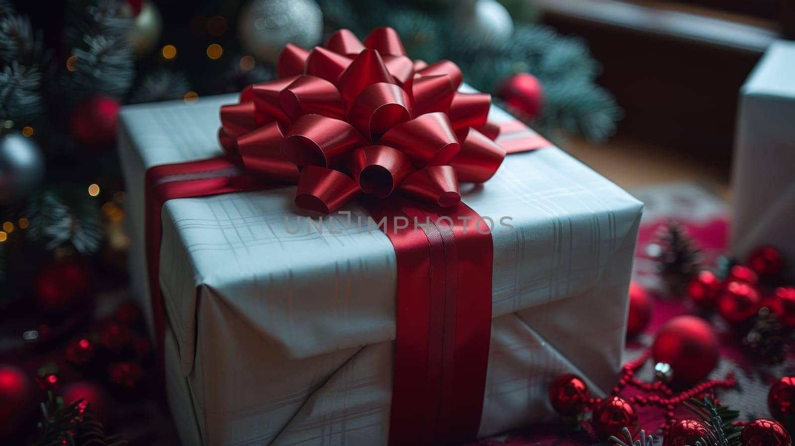 A close up of a wrapped gift sitting on top of some christmas decorations, AI by starush