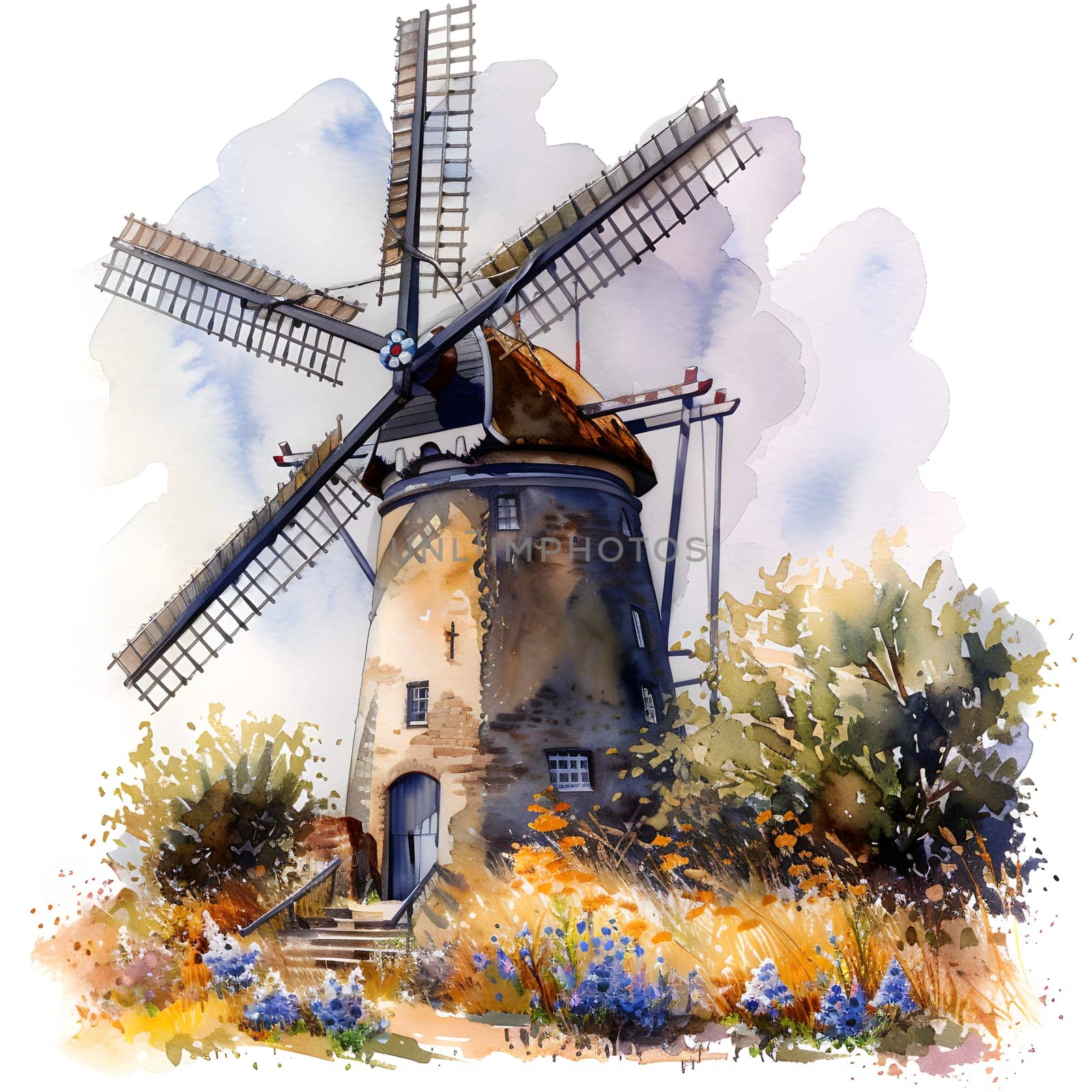A watercolor painting of a picturesque windmill surrounded by lush green fields under a clear blue sky, capturing the beauty of nature and rural life