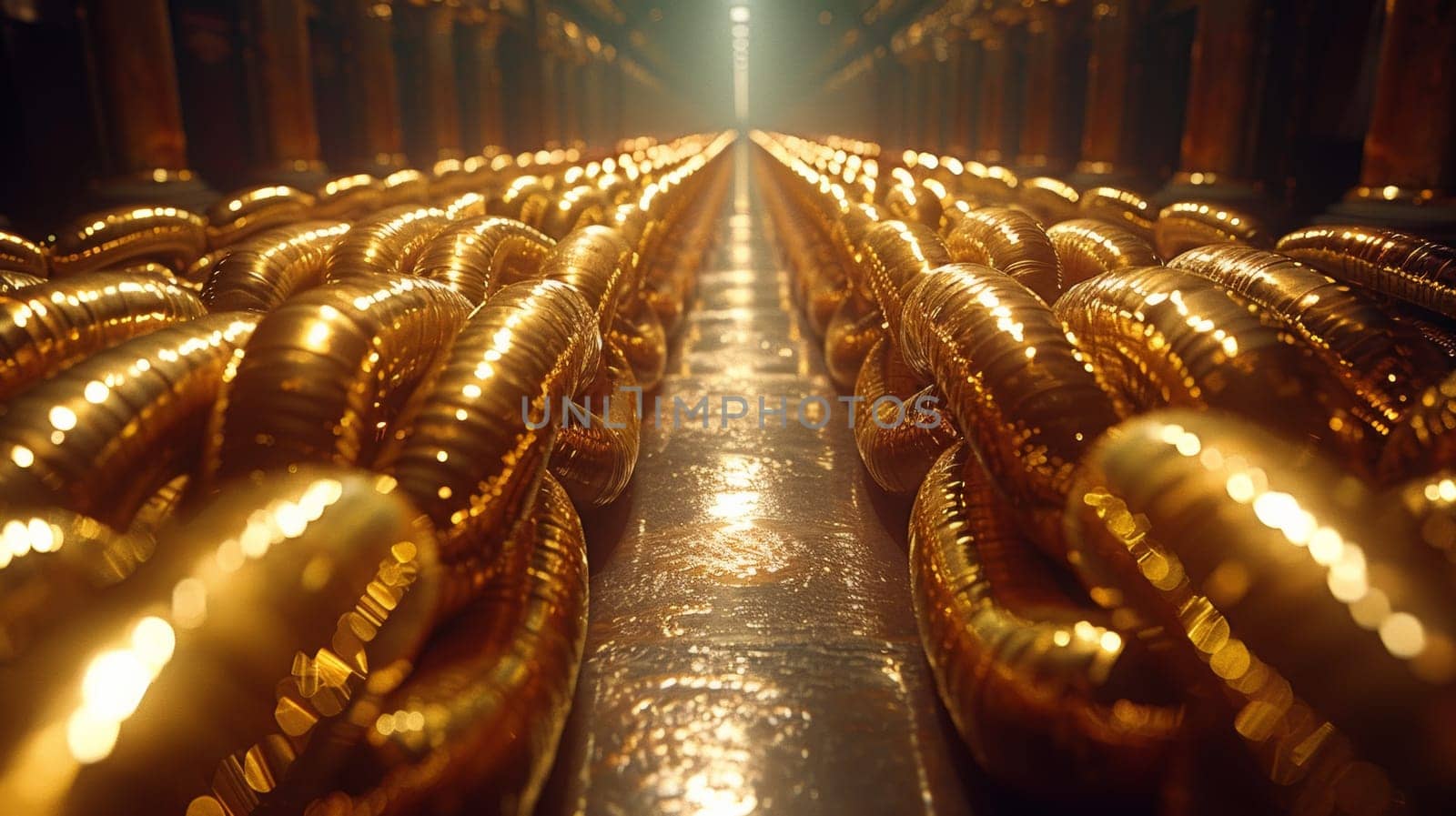 A row of golden chains are lined up in a warehouse